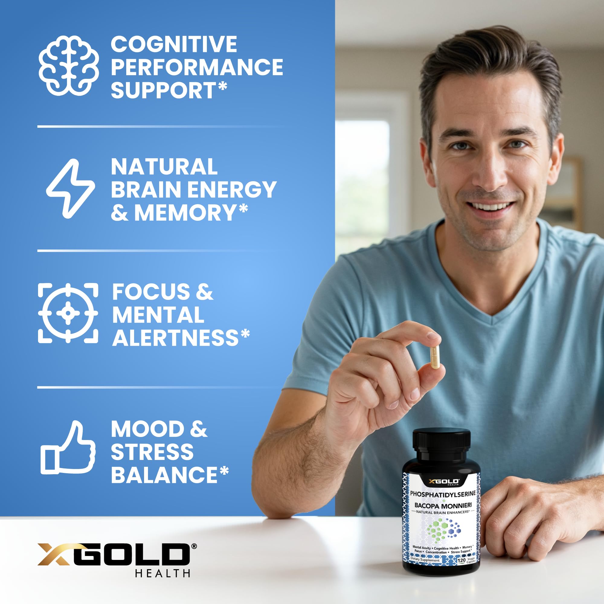 Envase abierto con cápsulas X Gold Health listo para uso diario y conveniencia