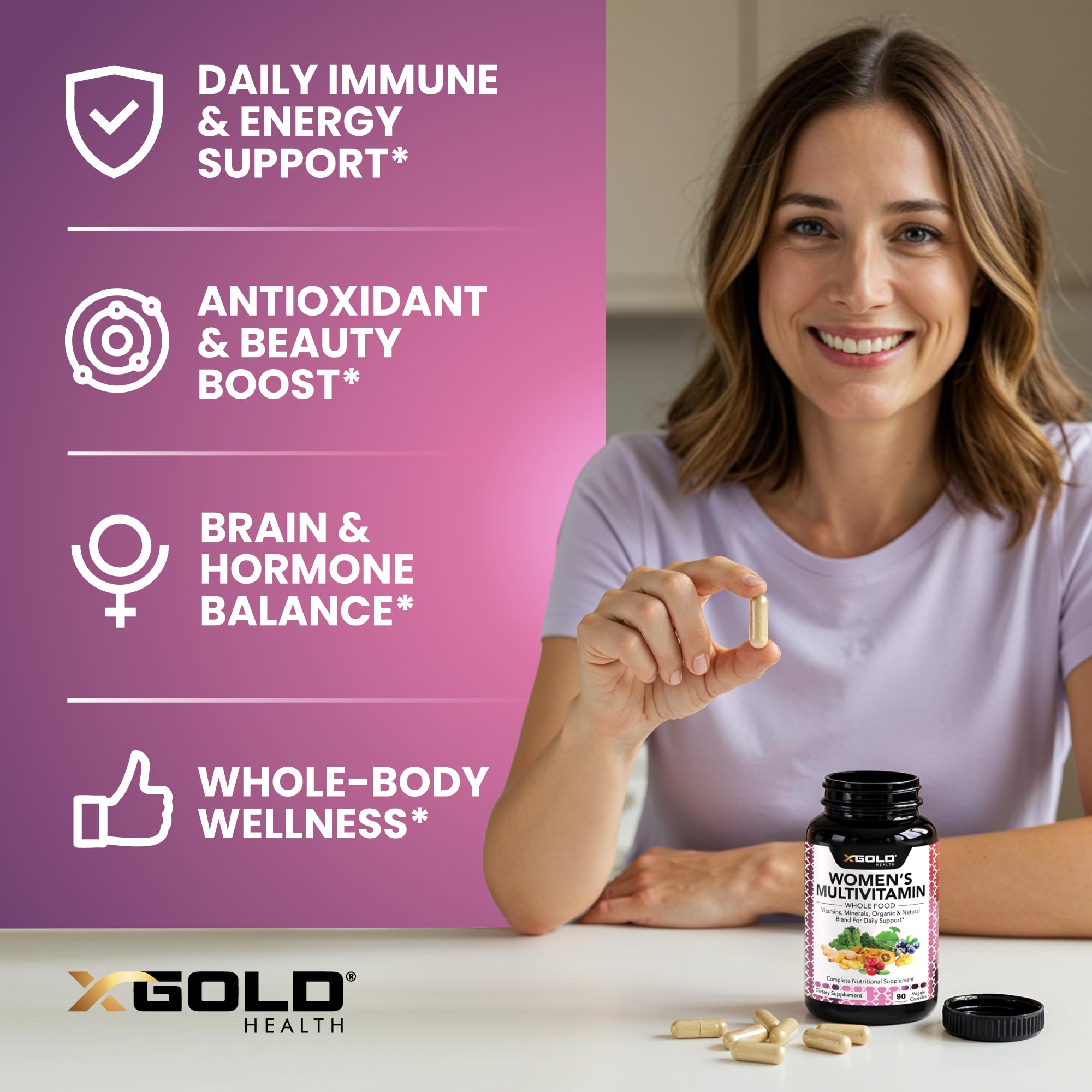 X Gold Health cápsula en mano para comparar tamaño y dosificación