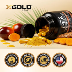 X Gold Health frasco abierto con cápsulas, lista para integración en rutina