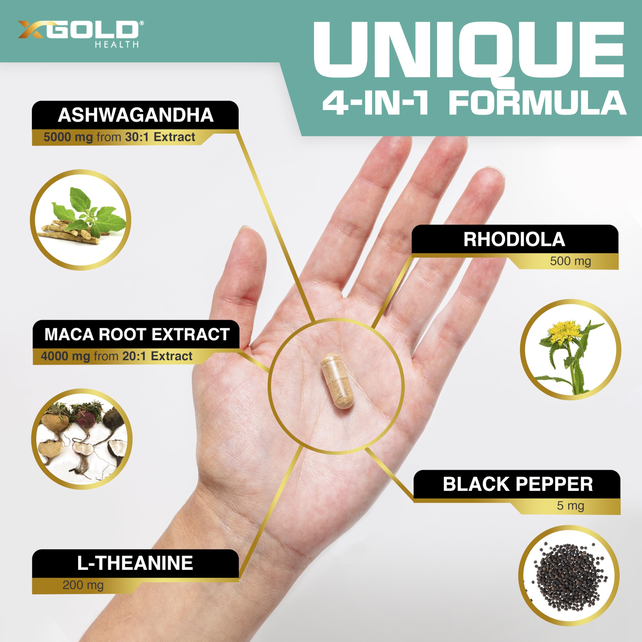 X Gold Health cápsulas en mano para comparar tamaño y dosis fácil de tomar
