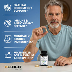 X Gold Health cápsulas en la mano para comparar tamaño y dosificación práctica