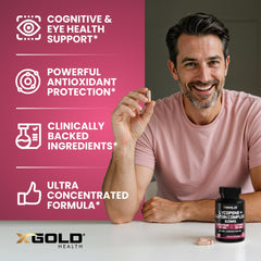 X Gold Health cápsulas en mano ilustrando la cantidad por dosis y facilidad