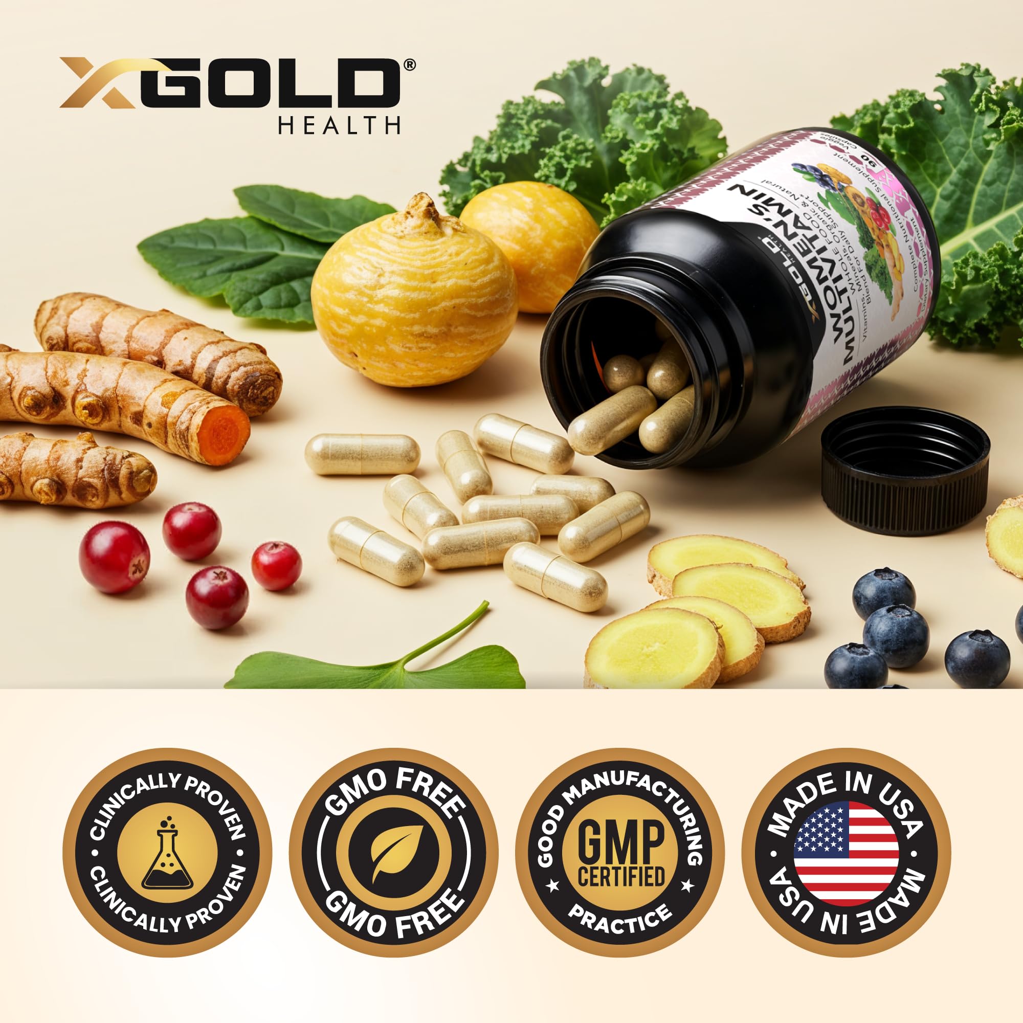 X Gold Health etiqueta con lista de vitaminas y certificaciones claras