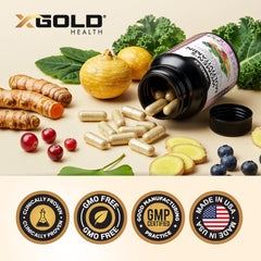 X Gold Health etiqueta con lista de vitaminas y certificaciones claras
