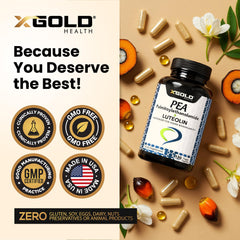 X Gold Health etiqueta con lista de ingredientes y porcentaje de luteolina, transparencia