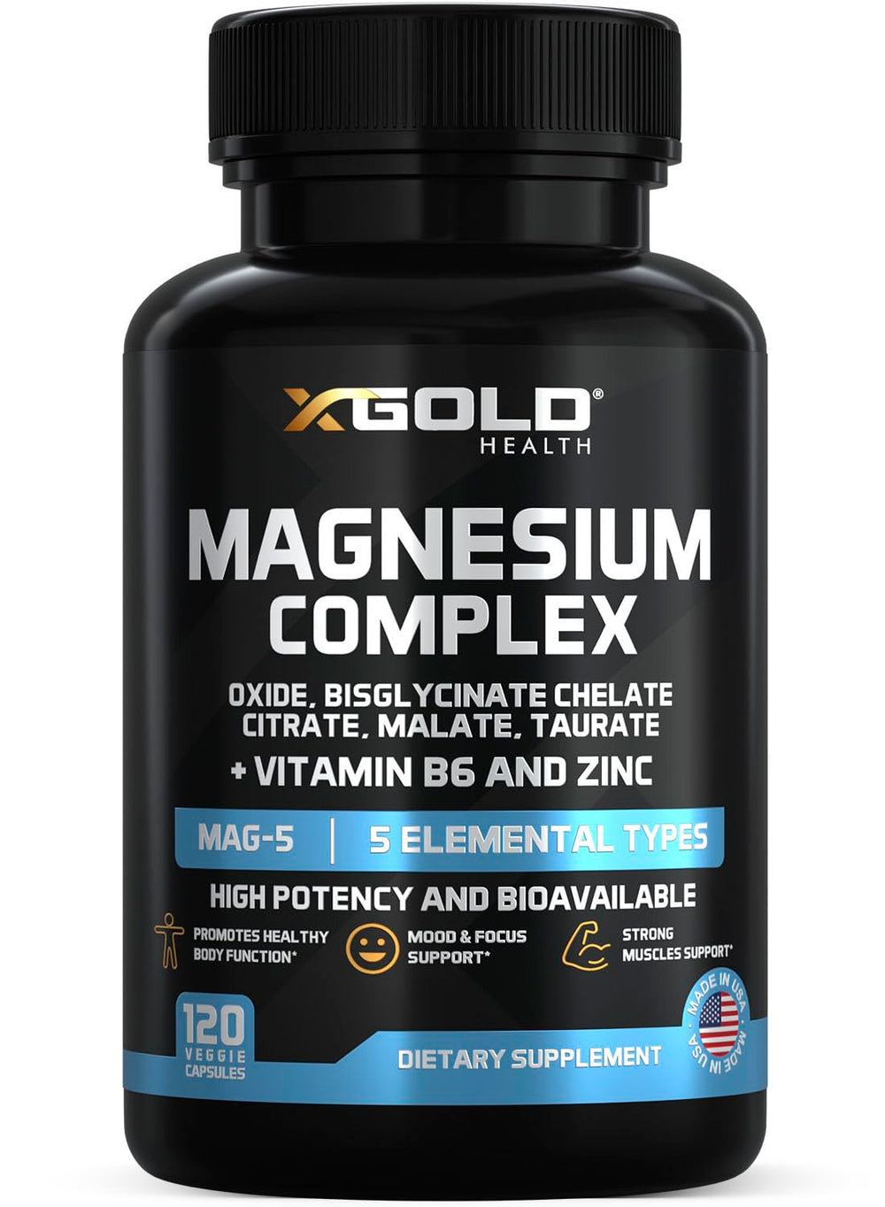 X Gold Health frasco frontal del Magnesium Complex mostrando la etiqueta y beneficios