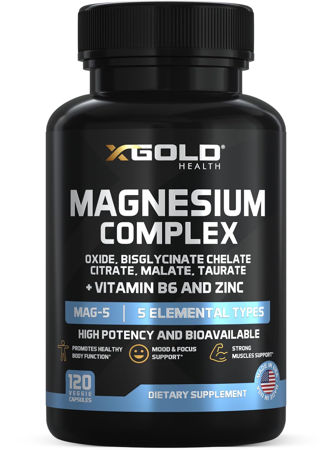 X Gold Health frasco frontal del Magnesium Complex mostrando la etiqueta y beneficios