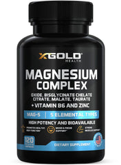 X Gold Health frasco frontal del Magnesium Complex mostrando la etiqueta y beneficios