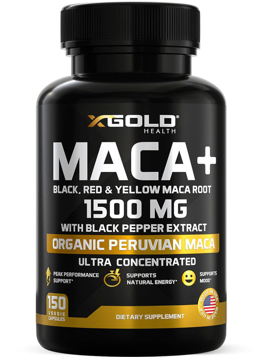 X Gold Health envase frontal mostrando mezcla orgánica de maca y beneficios energéticos