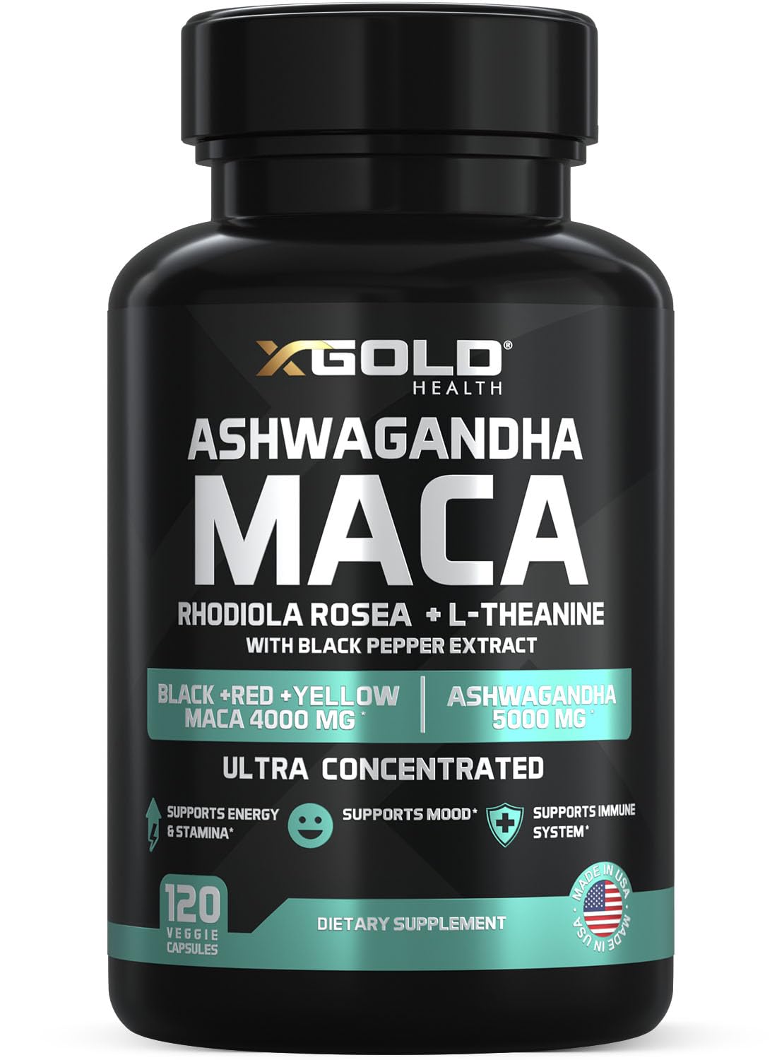 X Gold Health frontal del frasco mostrando etiquetas y cápsulas, conveniencia diaria