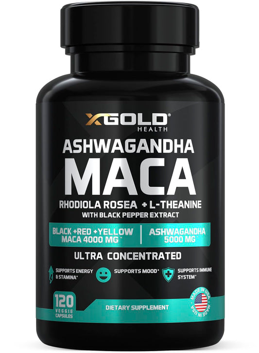 X Gold Health frontal del frasco mostrando etiquetas y cápsulas, conveniencia diaria