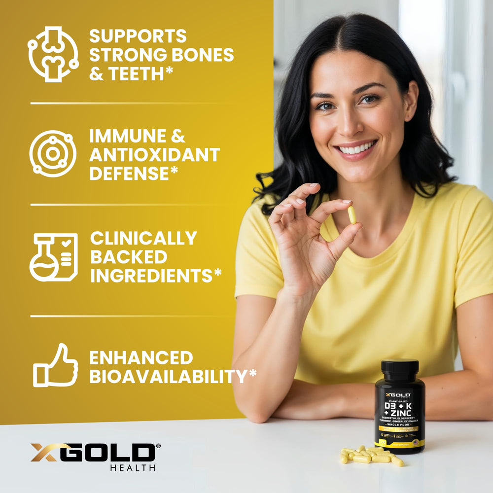 Ingredientes botánicos (saúco, cúrcuma, jengibre) de X Gold Health indicando origen natural