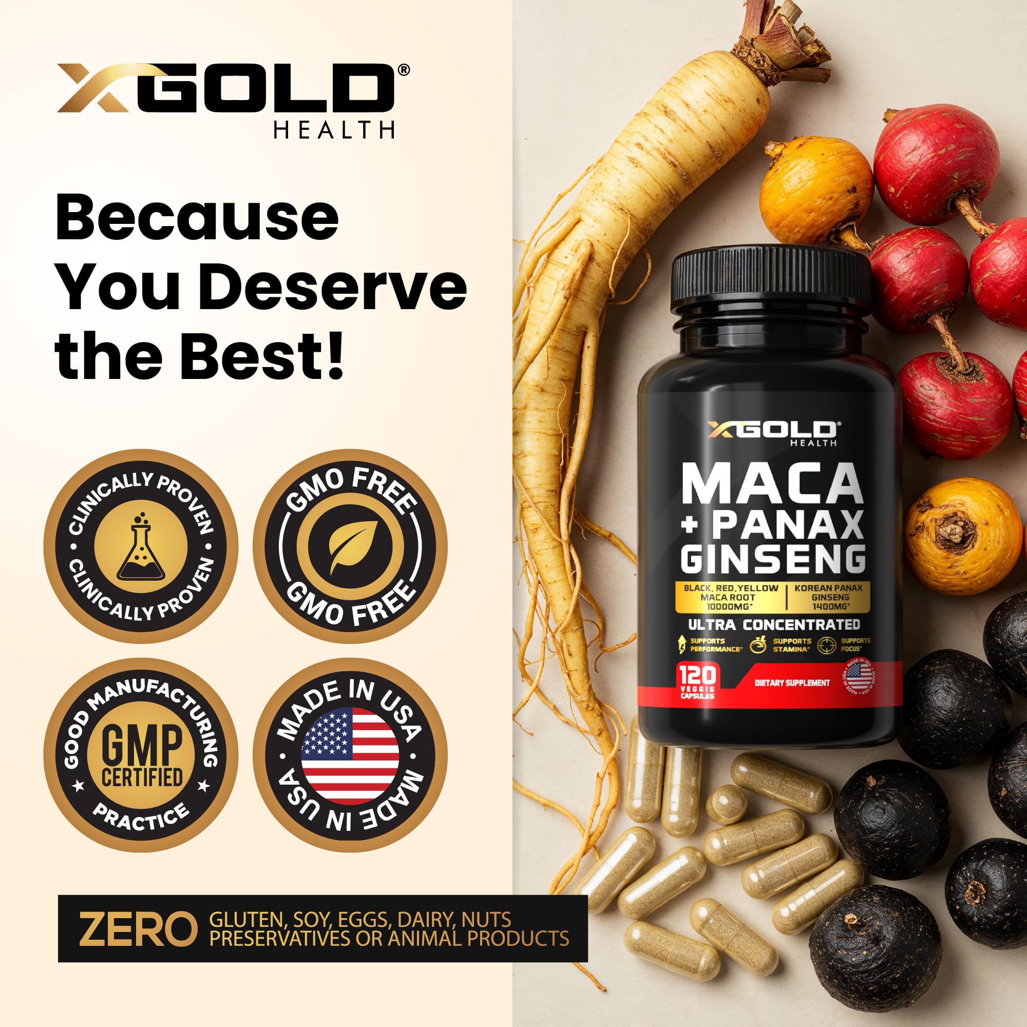 X Gold Health ingredientes: maca negra roja amarilla y Panax ginseng visibles