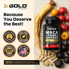 X Gold Health ingredientes: maca negra roja amarilla y Panax ginseng visibles
