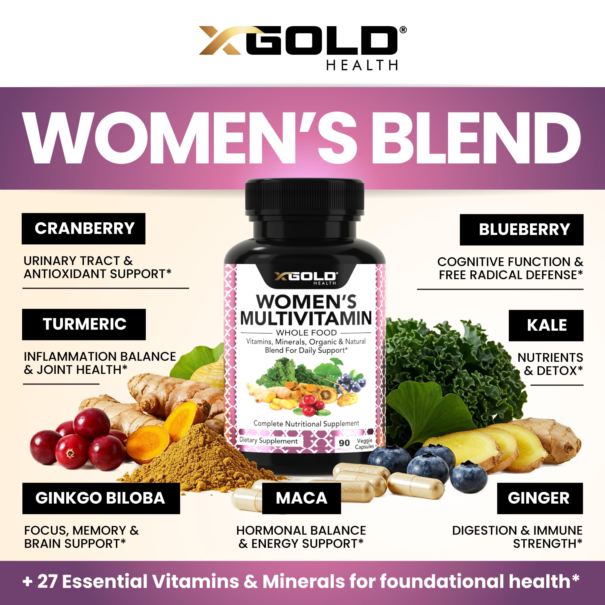 X Gold Health ingredientes orgánicos como kale y arándano antioxidantes