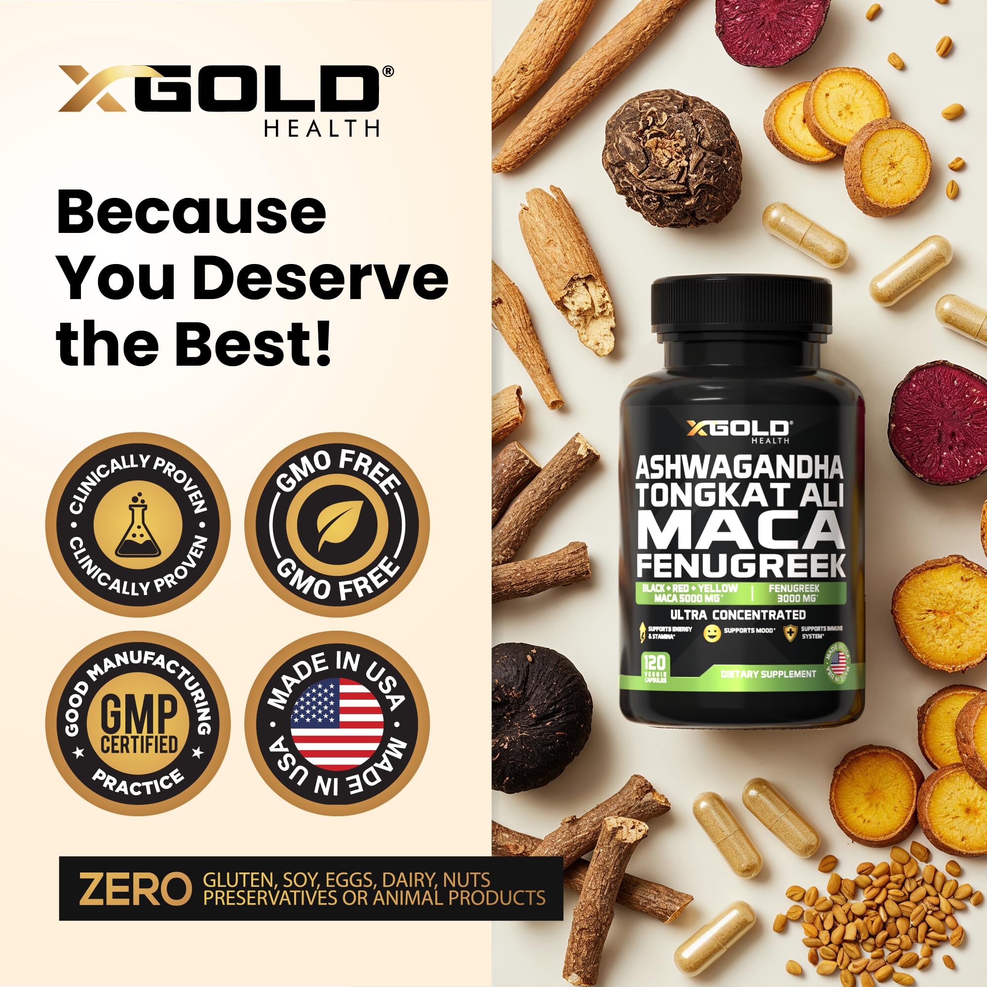 X Gold Health presentación de raíces y semillas que componen la fórmula