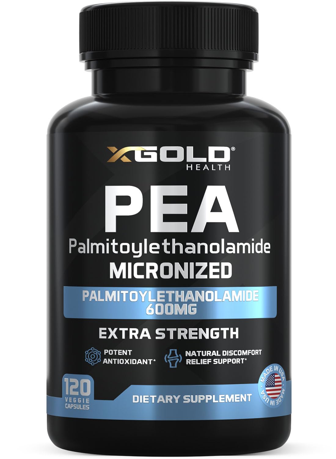 X Gold Health: envase frontal del suplemento PEA, claridad y pureza