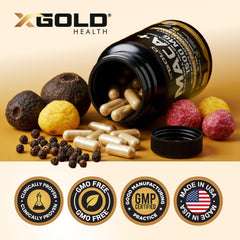 X Gold Health botella junto a objeto cotidiano para comparar tamaño y porciones