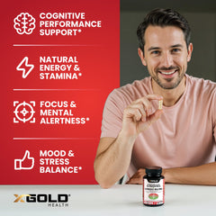 X Gold Health polvo de extracto en primer plano, potencia visible