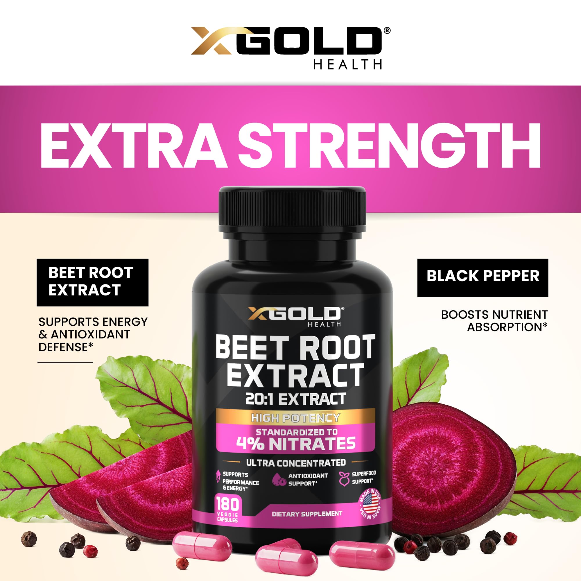X Gold Health polvo de remolacha concentrado enfatizando potencia