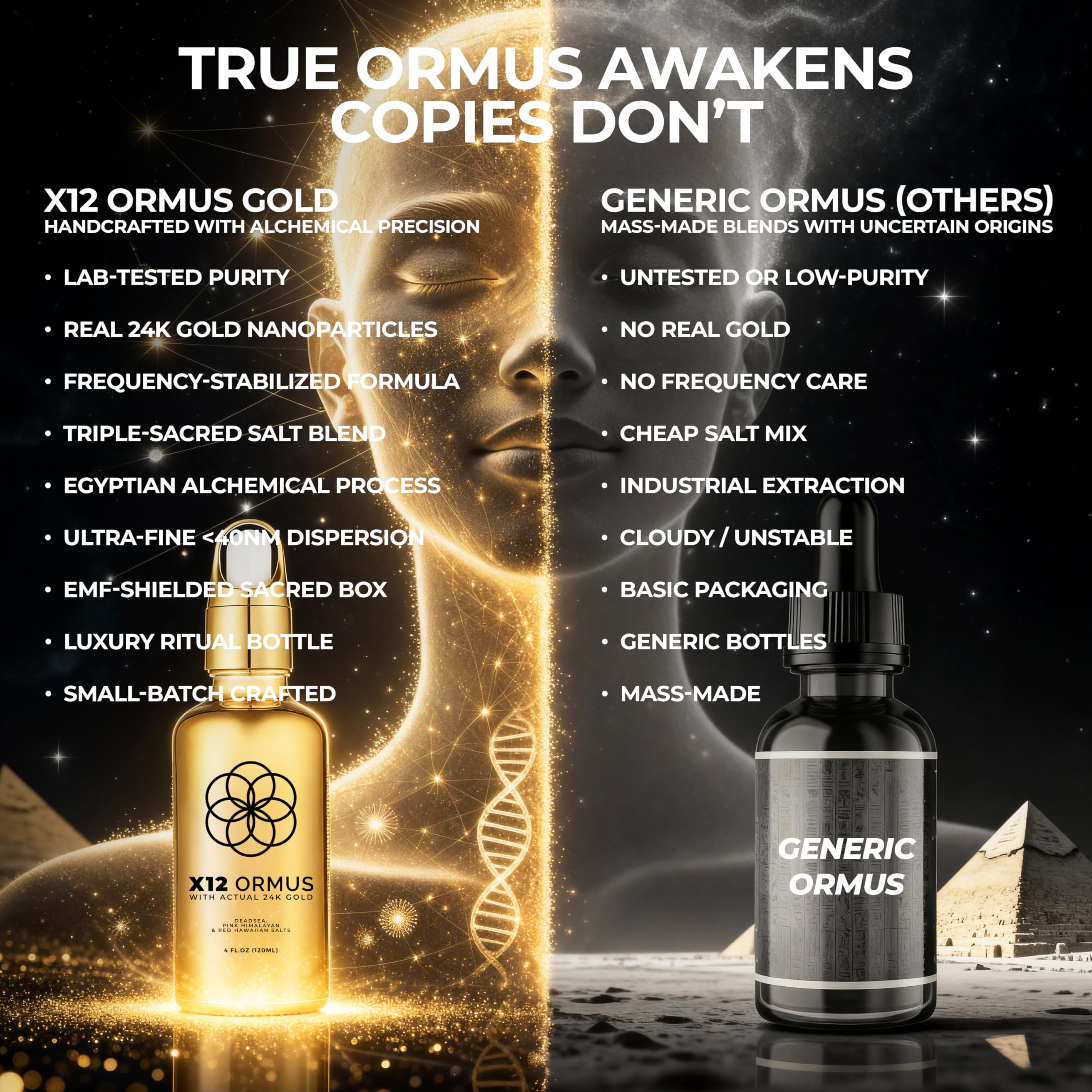 x12 Ormus With Actual 24k Gold gota cayendo en vaso, demuestra uso sencillo y mezcla segura
