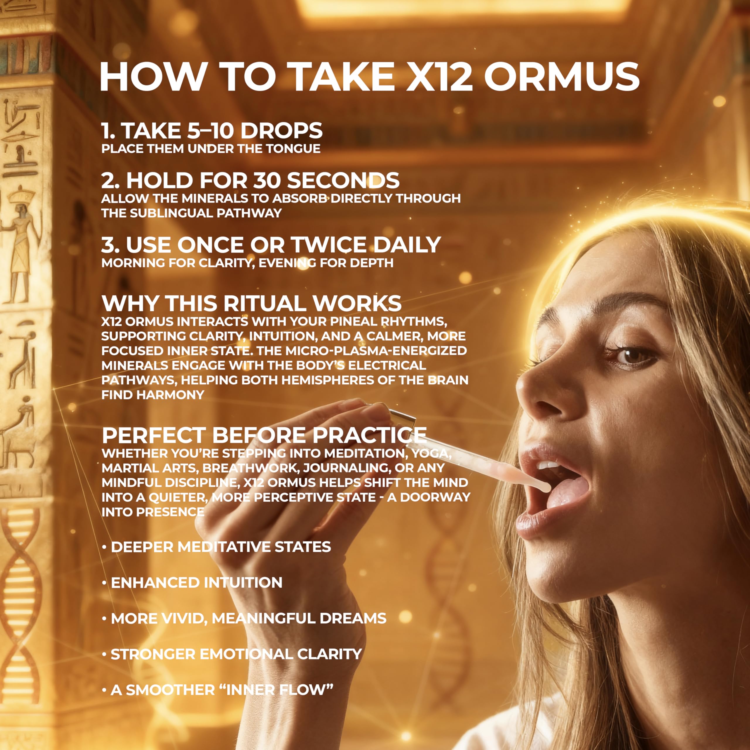 x12 Ormus With Actual 24k Gold botella en escena de meditación, sugiere apoyo a la práctica consciente