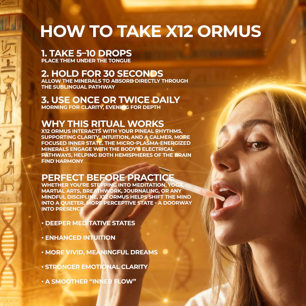 x12 Ormus With Actual 24k Gold botella en escena de meditación, sugiere apoyo a la práctica consciente