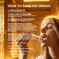 x12 Ormus With Actual 24k Gold botella en escena de meditación, sugiere apoyo a la práctica consciente