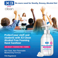 X3 Clean botella sobre mostrador escolar enfatizando seguridad para aulas