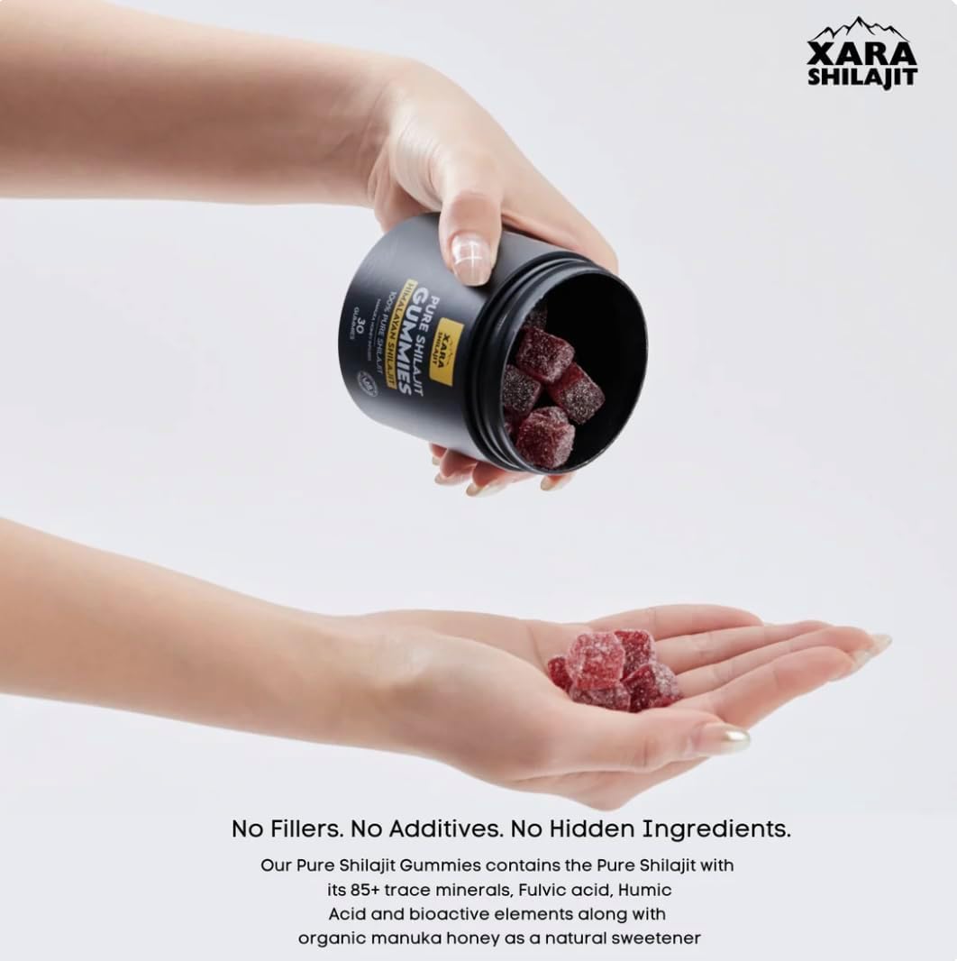 Xara Shilajit gomita cerca mostrando textura y acabado masticable