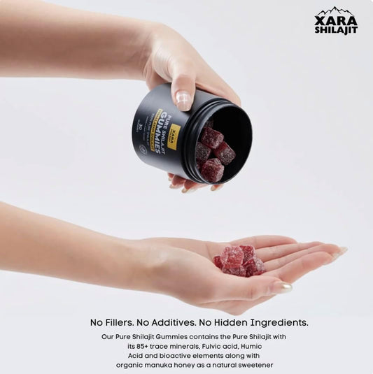 Xara Shilajit gomita cerca mostrando textura y acabado masticable