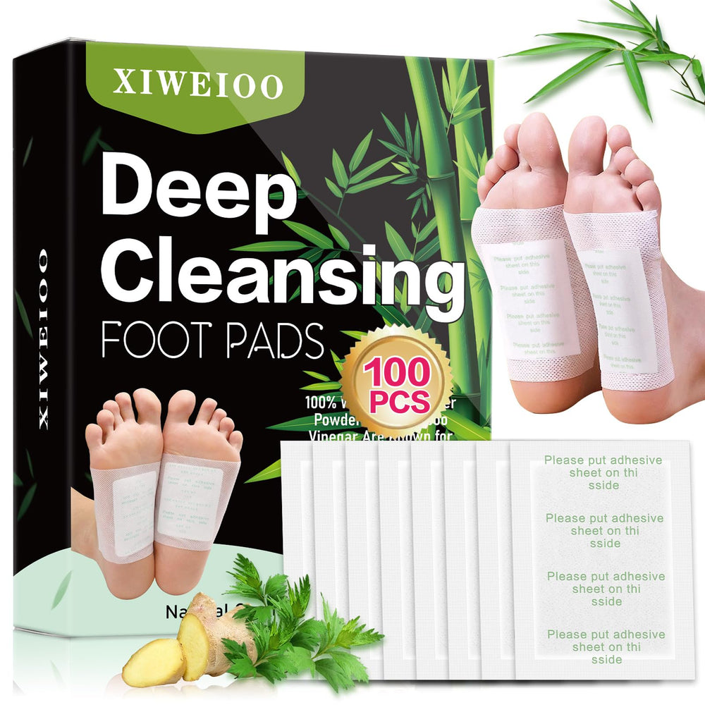 xiweioo envase frontal mostrando 100 parches para pies y adhesivos, práctico