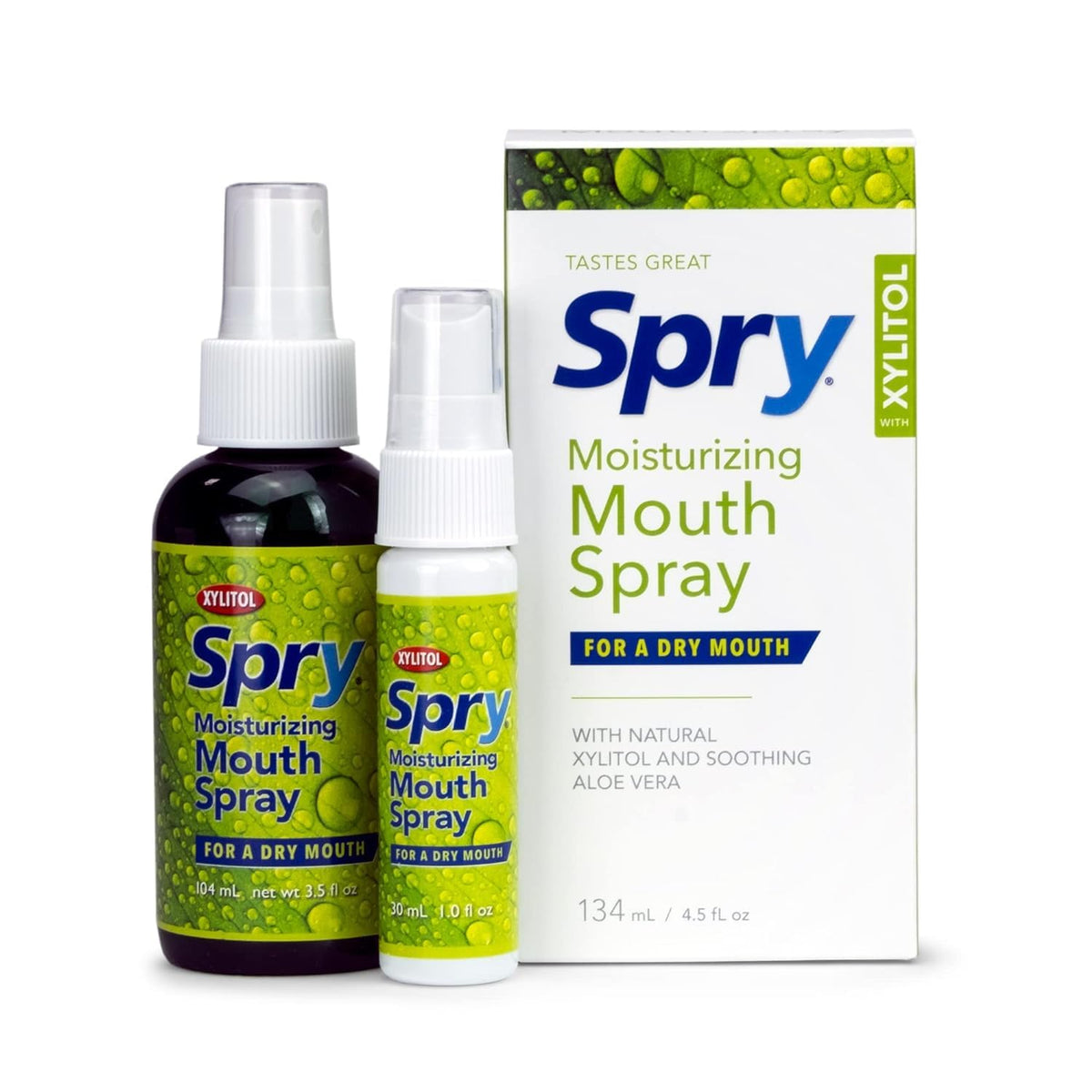 Xlear Spry spray bucal frontal botella visible, alivio rápido de boca seca