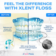 Xlent uso del hilo entre dientes mostrando extracción de restos y frescura