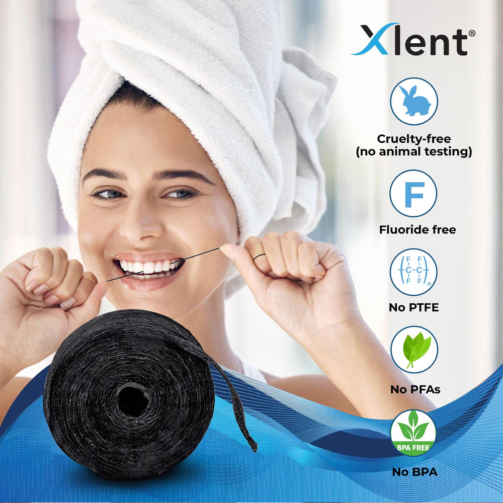 XLENT hilo dental en uso entre dientes para mejor eliminación de placa