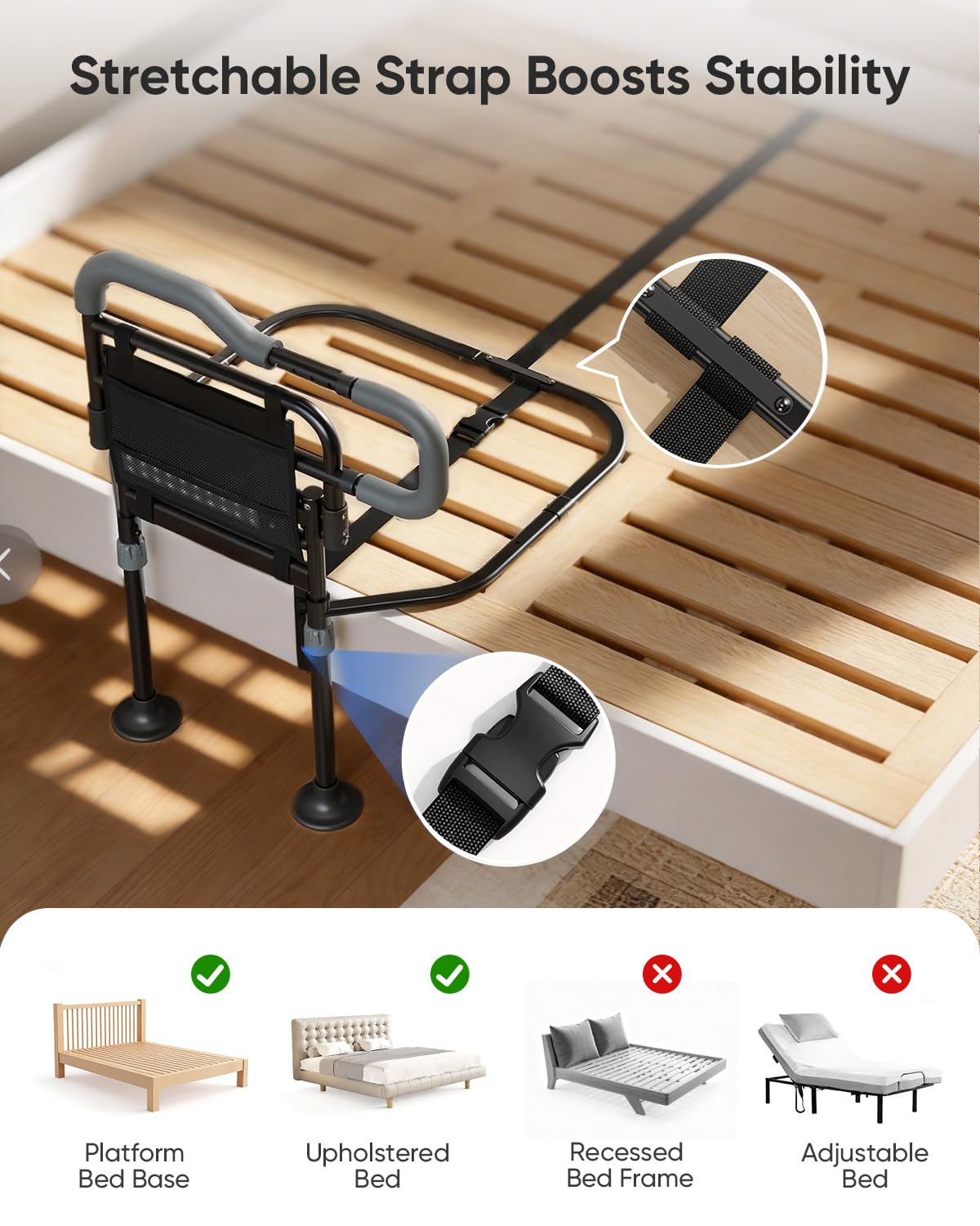 Xofeu vista lateral mostrando ajuste firme contra el colchón para seguridad