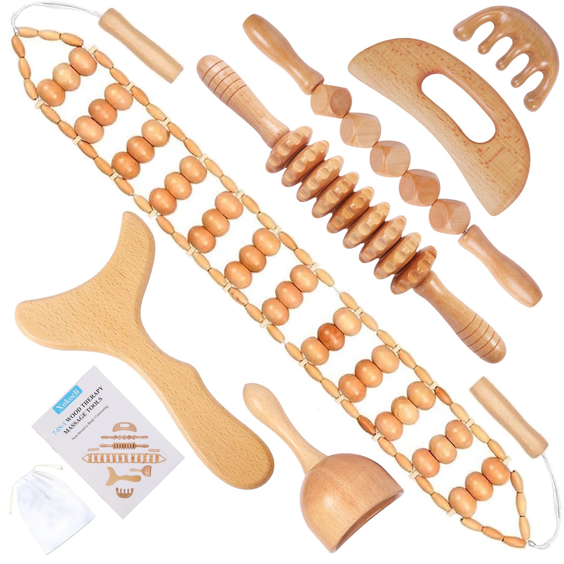 Xokocli kit frontal mostrando las siete herramientas para masaje y confort