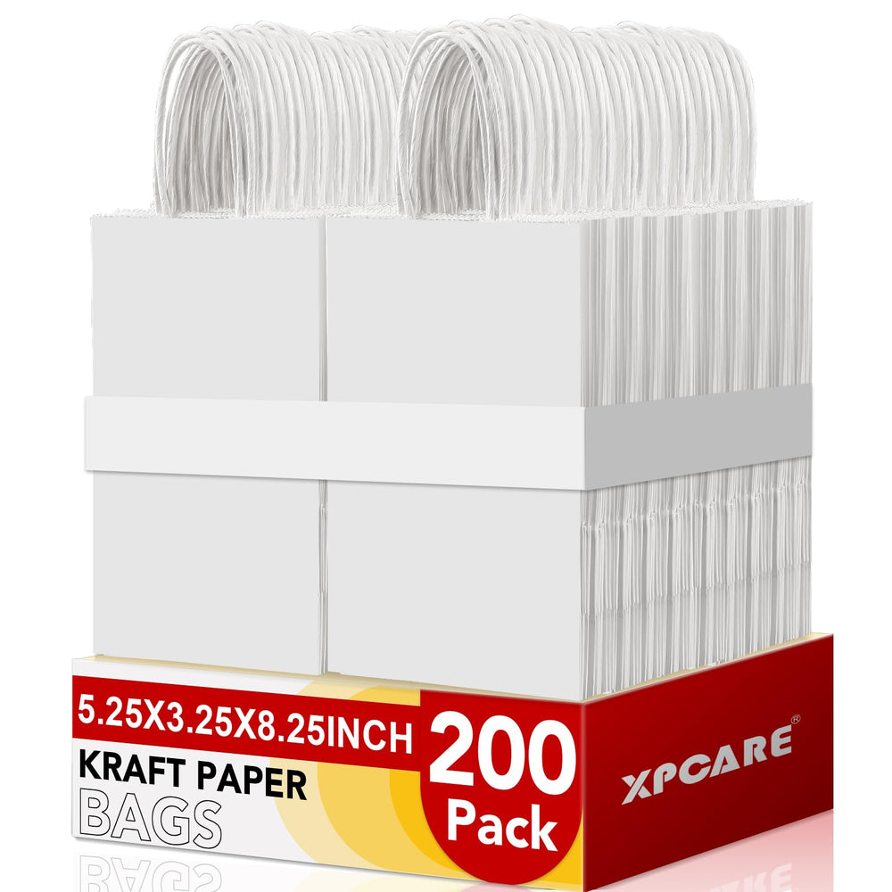 XPCARE frente del paquete de 200 bolsas blancas mostrando cantidad y asa, ideal para comercios