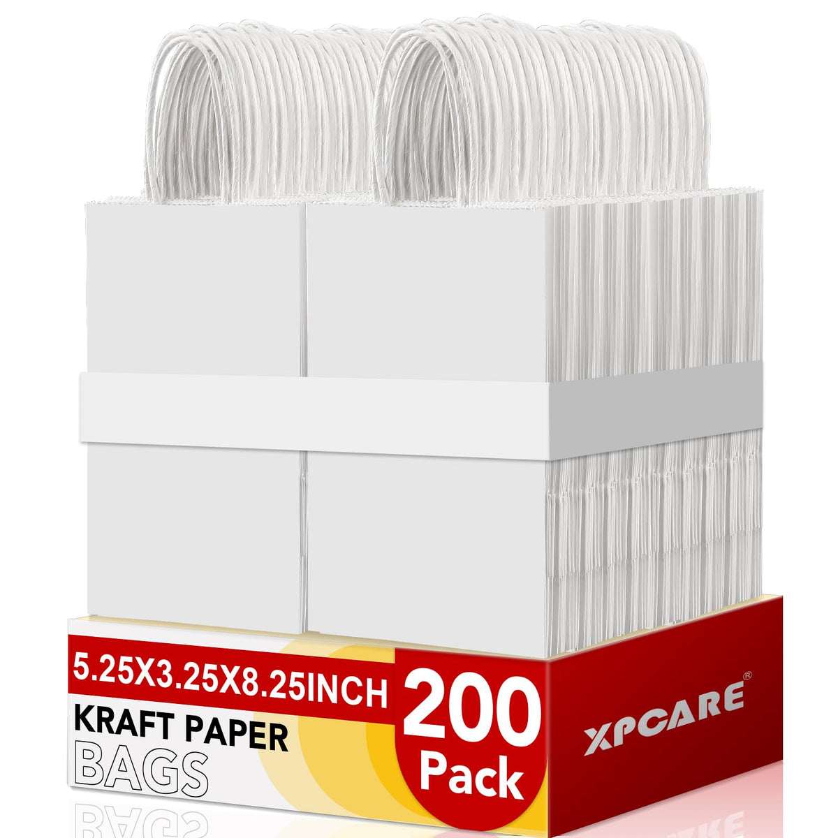 XPCARE frente del paquete de 200 bolsas blancas mostrando cantidad y asa, ideal para comercios