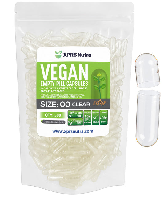 XPRS Nutra caja frontal mostrando 500 cápsulas y beneficios veganos