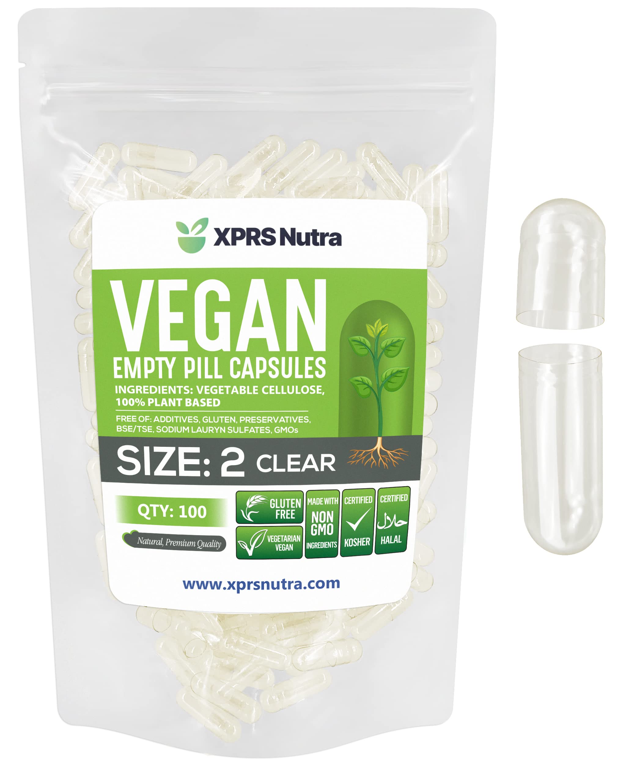 XPRS Nutra frente del paquete mostrando 100 cápsulas claras y veganas, práctico para DIY