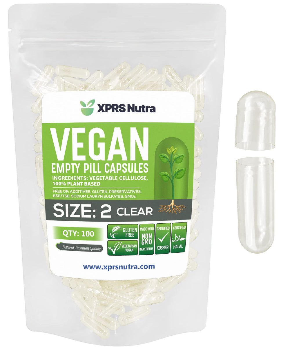 XPRS Nutra frente del paquete mostrando 100 cápsulas claras y veganas, práctico para DIY