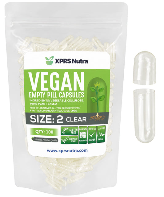 XPRS Nutra frente del paquete mostrando 100 cápsulas claras y veganas, práctico para DIY