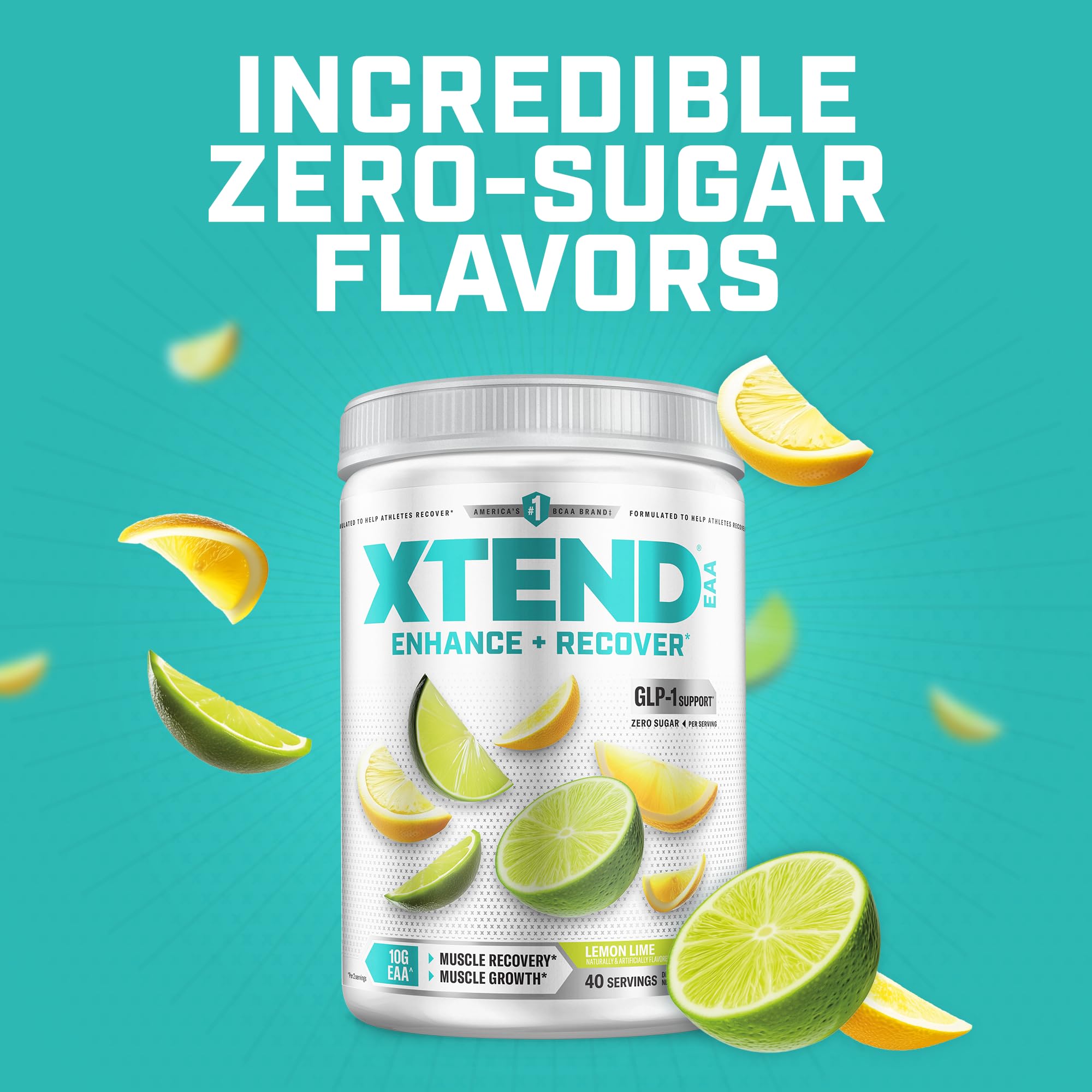Closeup etiqueta Xtend con lista de EAAs, BCAAs y electrolitos claros