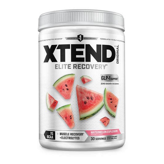 Xtend envase frontal Watermelon Explosion mostrando etiqueta y beneficio recuperación