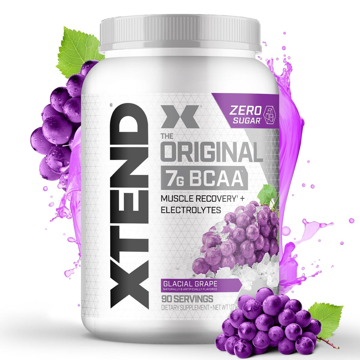 Xtend envase frontal uva glacial mostrando diseño y cantidad beneficios visuales
