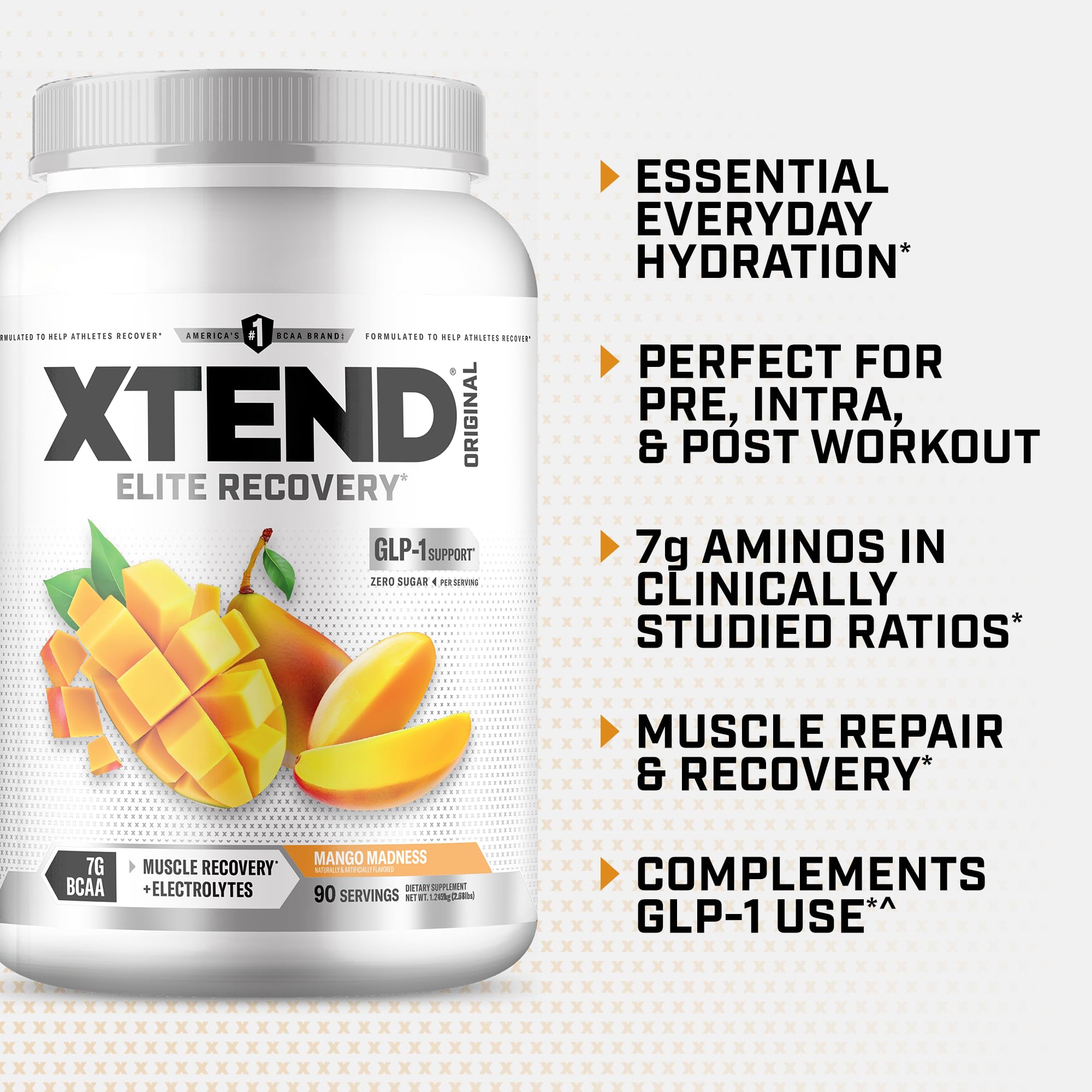 Xtend envase sostenido en mano para mostrar tamaño y porciones