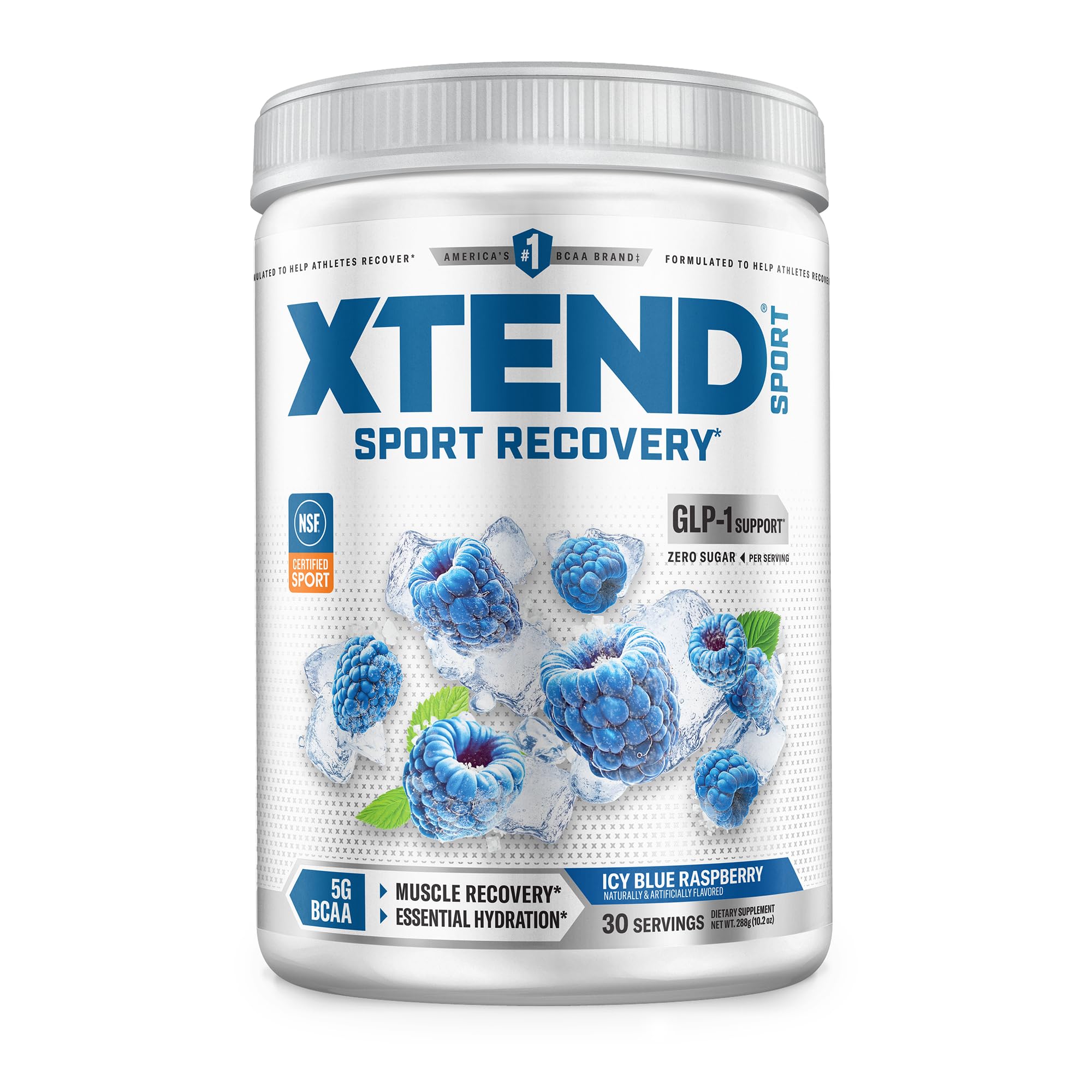 Xtend tarro frontal del sabor Blue Raspberry Ice mostrando el diseño y beneficios claros