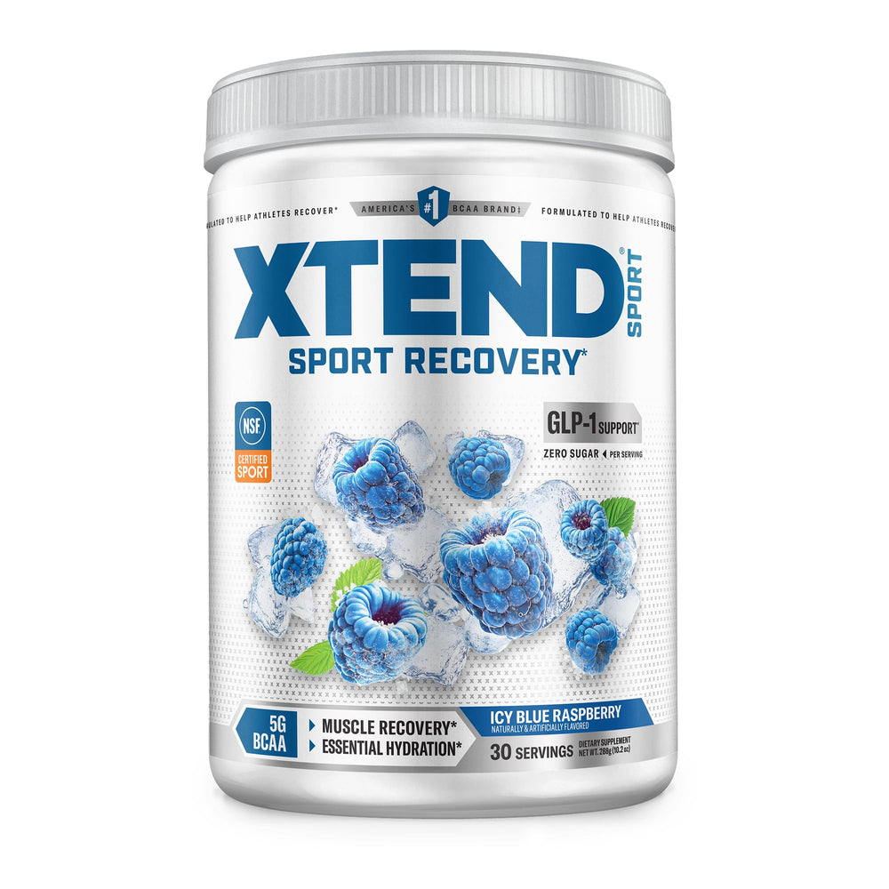 Xtend tarro frontal del sabor Blue Raspberry Ice mostrando el diseño y beneficios claros