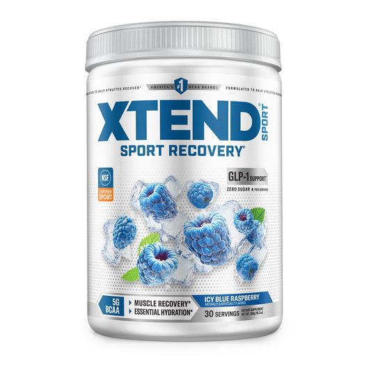 Xtend tarro frontal del sabor Blue Raspberry Ice mostrando el diseño y beneficios claros